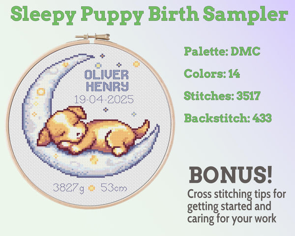 Sleepy Puppy Birth Sampler Cross Stitch Pattern PDF (DIY with Alphabet Charts)