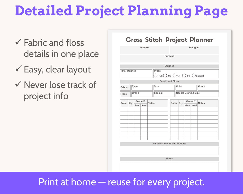 Printable Cross Stitch Project Planner and Tracker Starter Kit PDF
