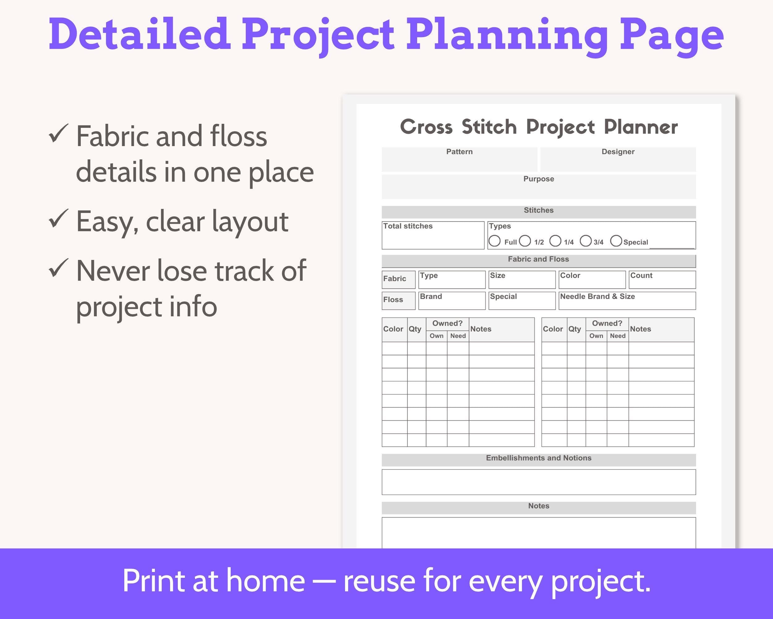 Printable Cross Stitch Project Planner and Tracker Starter Kit PDF