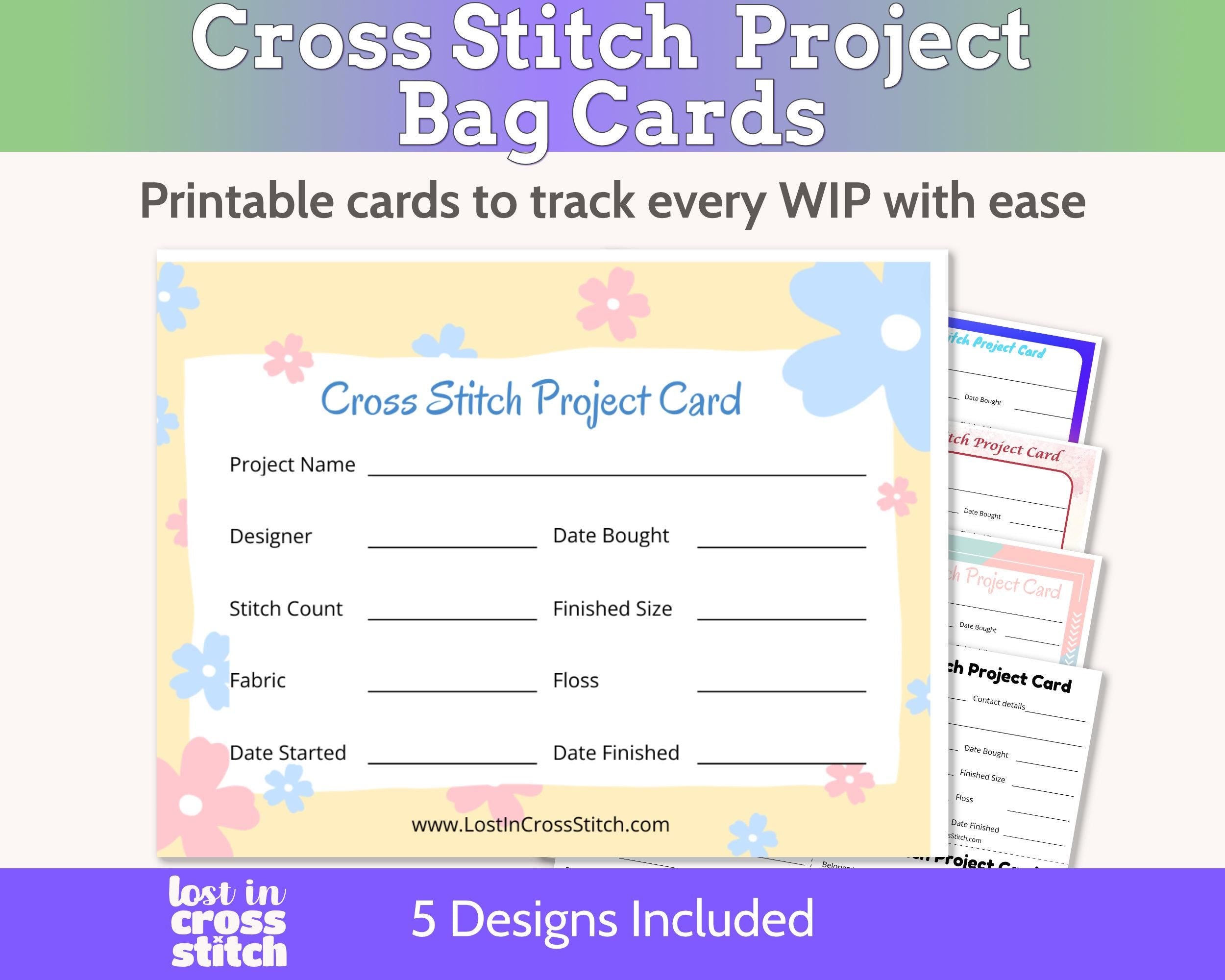 Cross Stitch Embroidery Project Bag Cards Printable PDF Main image