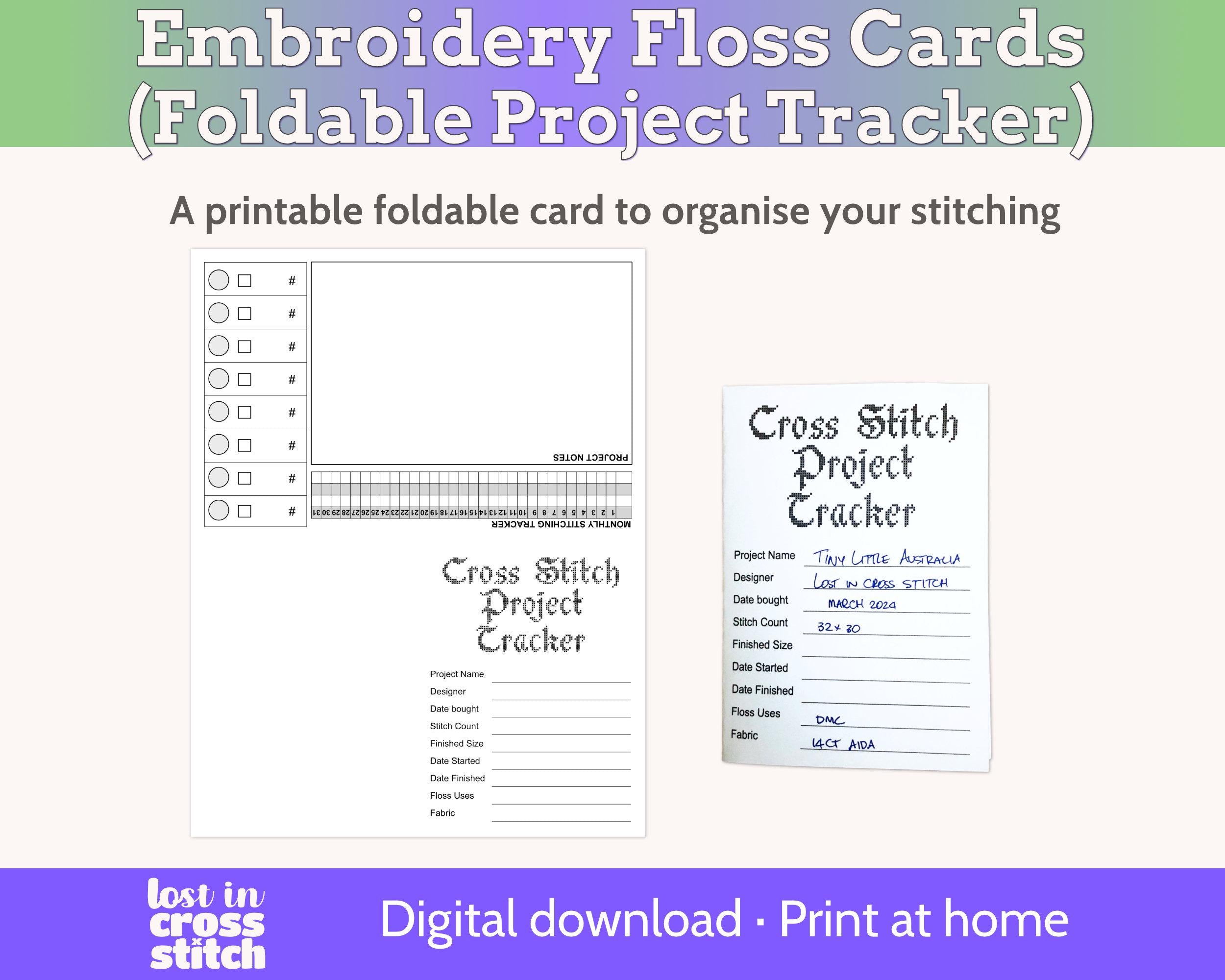 Foldable Cross Stitch Project Card with Built-in Floss Drops and Tracker PDF Main image