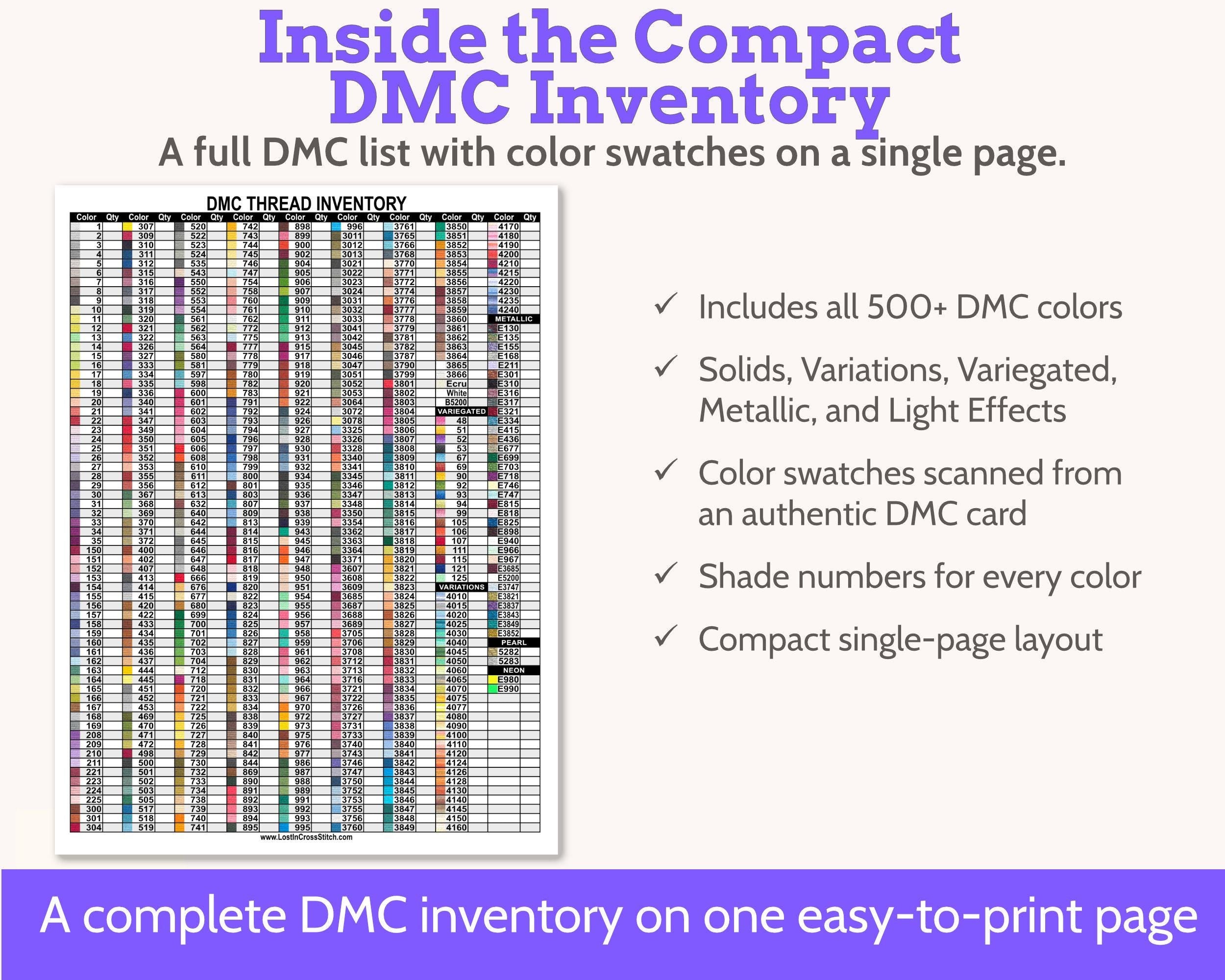 DMC Floss Inventory PDF, Single Page