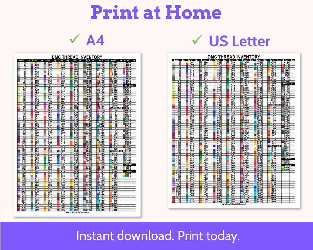 DMC Floss Inventory PDF, Single Page