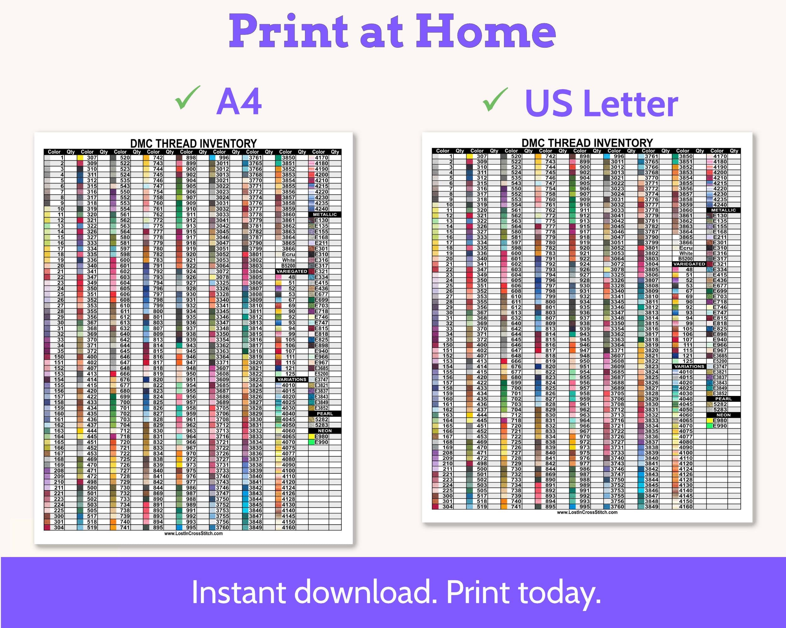 DMC Floss Inventory PDF, Single Page