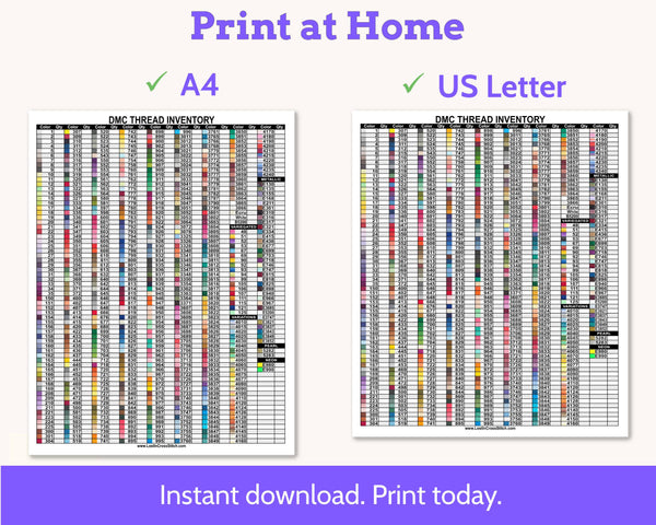 DMC Number Order Floss Inventory PDF, Single Page