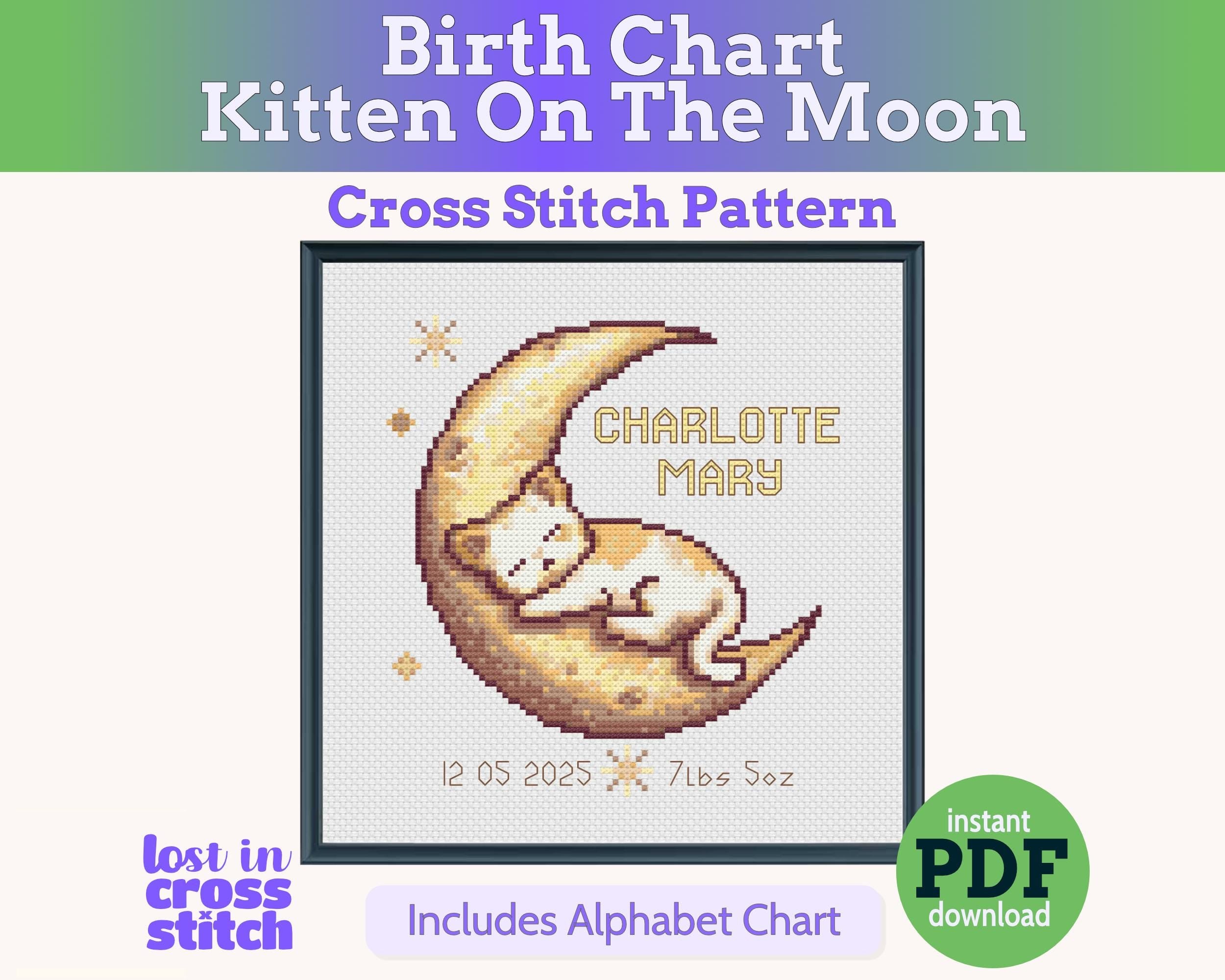 Kitten on the Moon Birth Sampler Cross Stitch Pattern PDF (DIY with Alphabet Charts) Main image