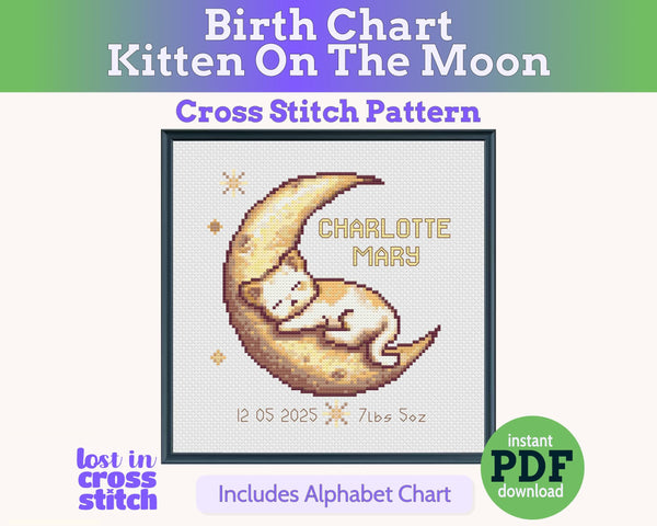 Kitten on the Moon Birth Sampler Cross Stitch Pattern PDF (DIY with Alphabet Charts)