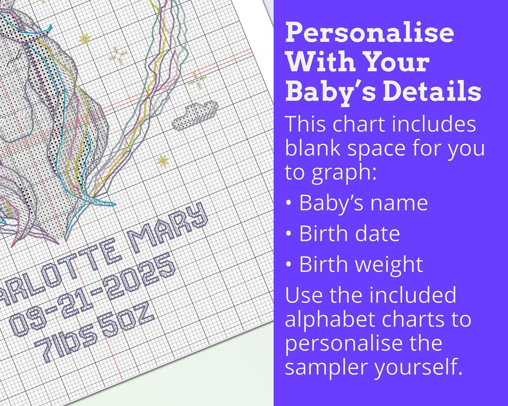 Kitten on the Moon Birth Sampler Cross Stitch Pattern PDF (DIY with Alphabet Charts)