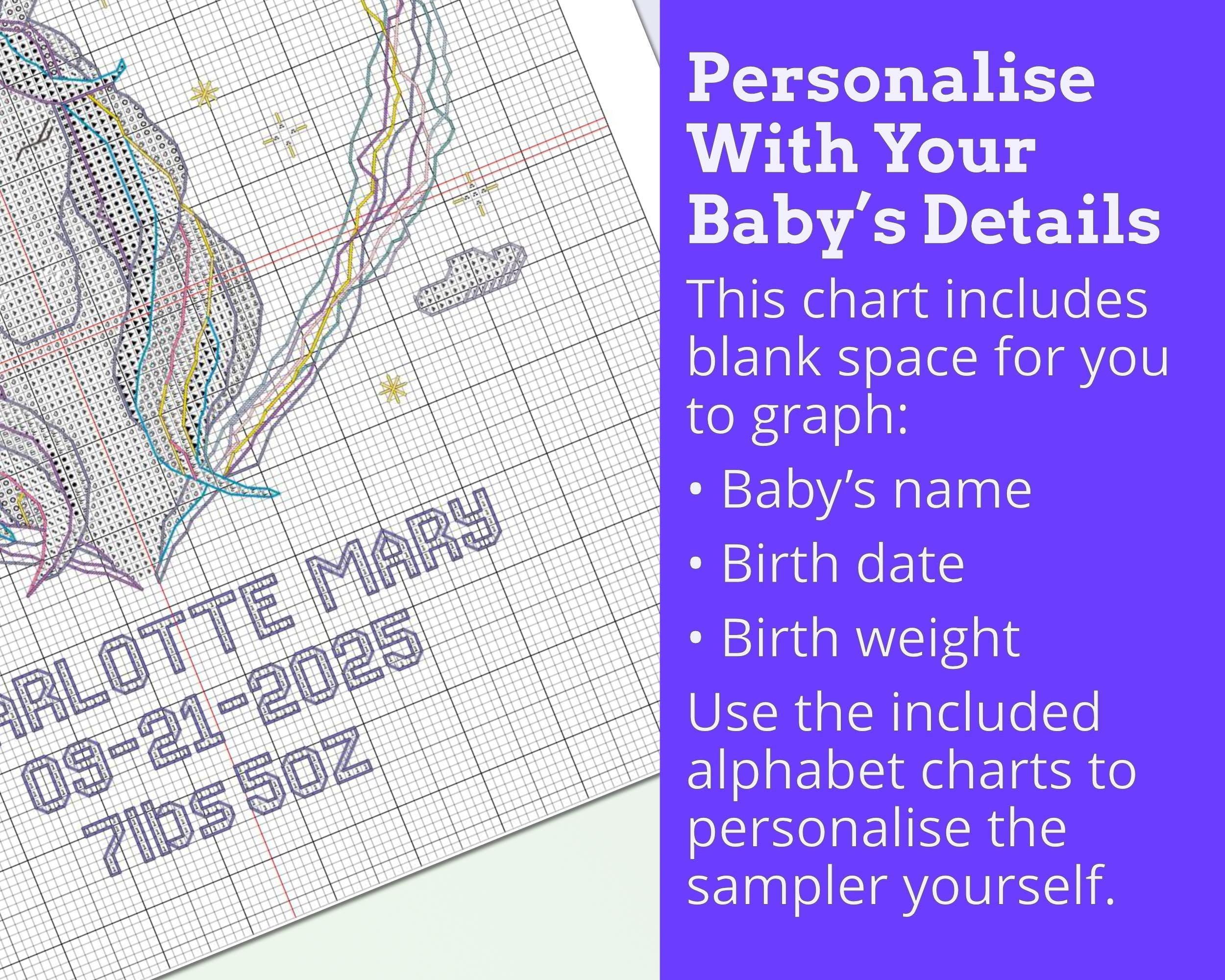 Kitten on the Moon Birth Sampler Cross Stitch Pattern PDF (DIY with Alphabet Charts)