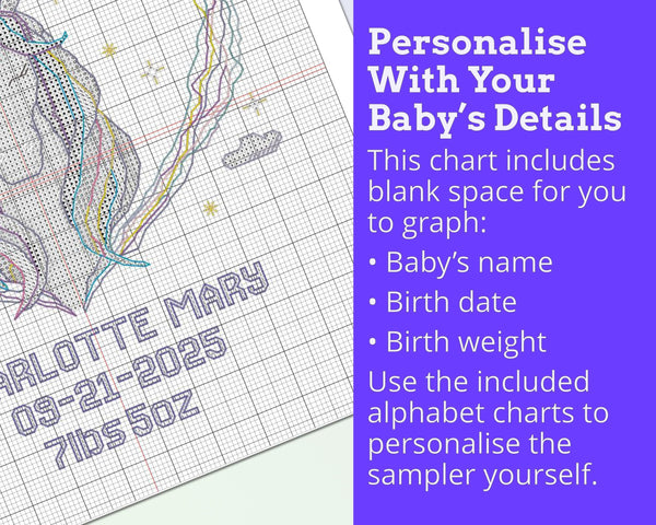 Kitten on the Moon Birth Sampler Cross Stitch Pattern PDF (DIY with Alphabet Charts)