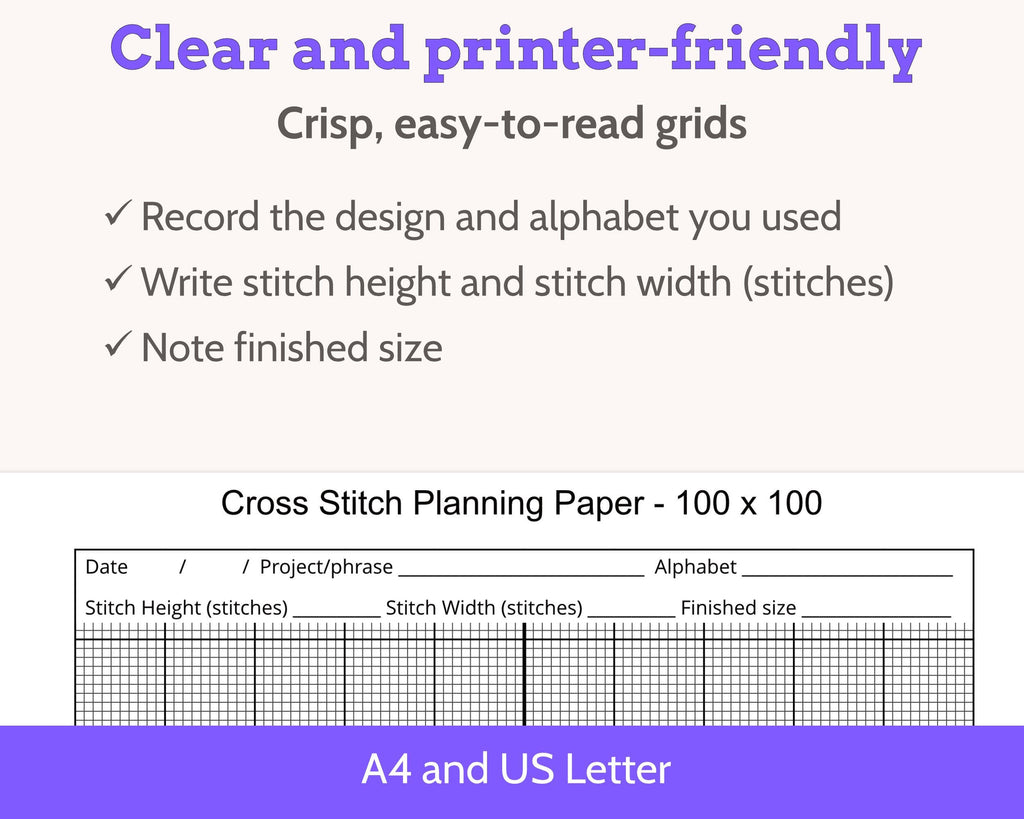 Cross Stitch Planning Graph Paper, Instant Digital PDF Download