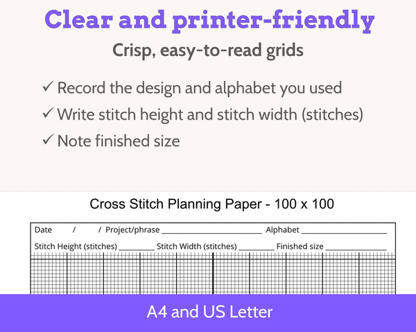 Cross Stitch Planning Graph Paper, Instant Digital PDF Download