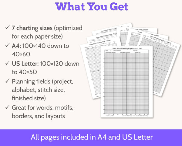 Cross Stitch Planning Graph Paper, Instant Digital PDF Download