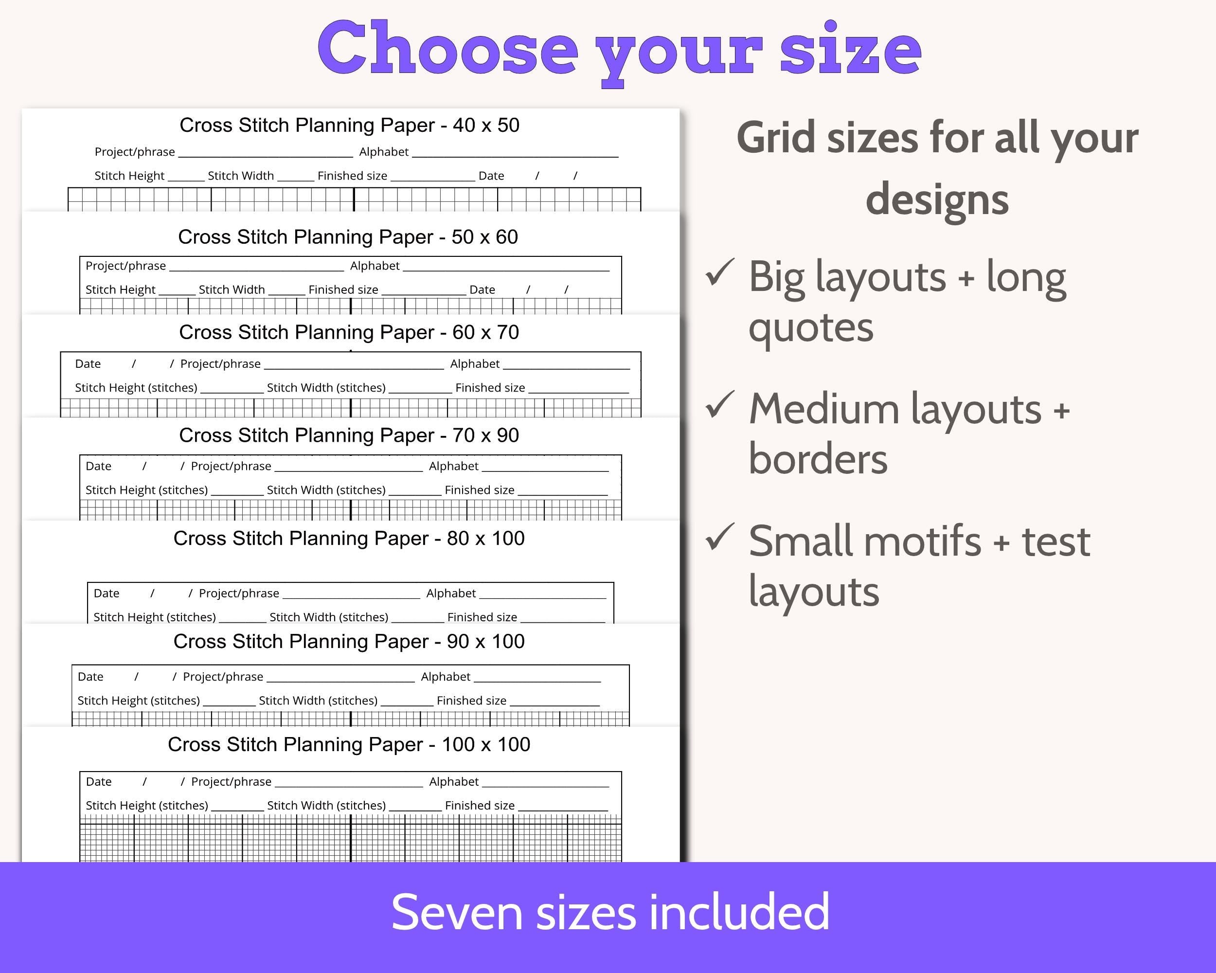 Cross Stitch Planning Graph Paper, Instant Digital PDF Download