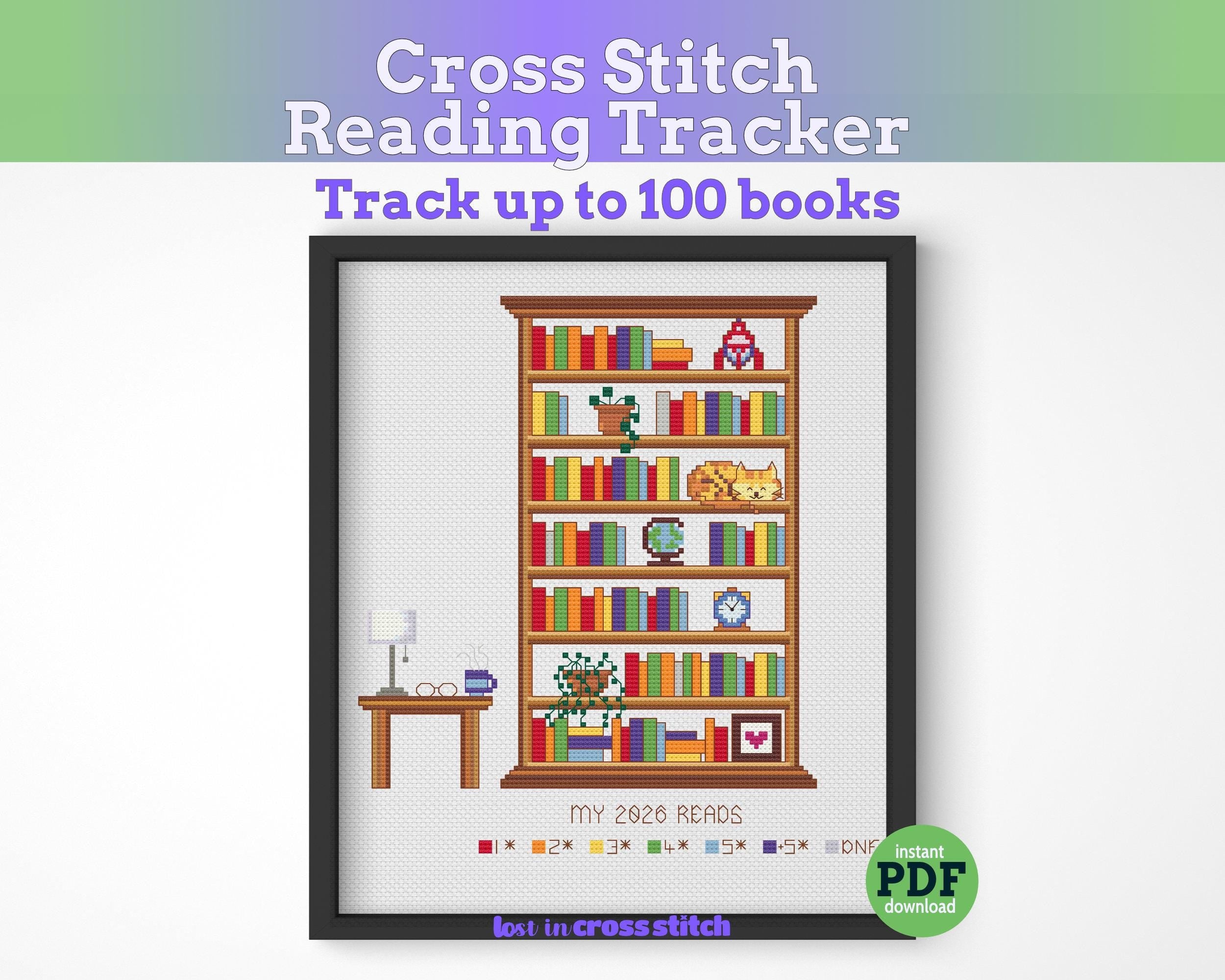 Cross Stitch Bookshelf Reading Tracker 100 Books Pattern Main image