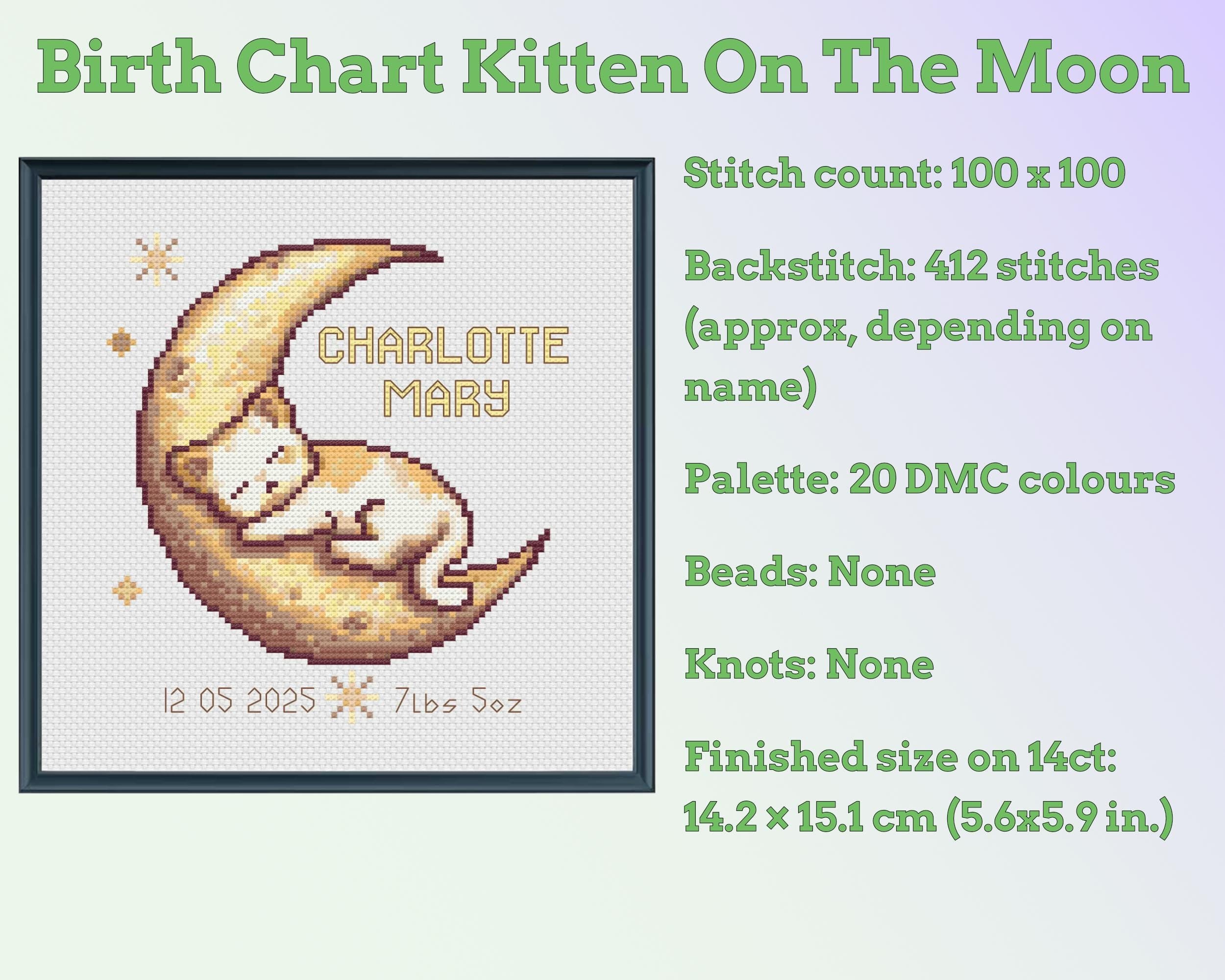 Kitten on the Moon Birth Sampler Cross Stitch Pattern PDF (DIY with Alphabet Charts)