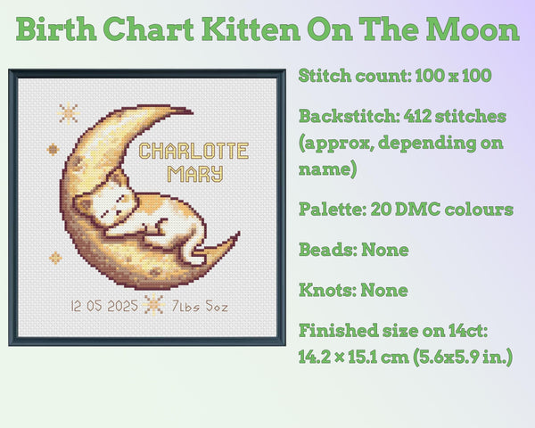 Kitten on the Moon Birth Sampler Cross Stitch Pattern PDF (DIY with Alphabet Charts)
