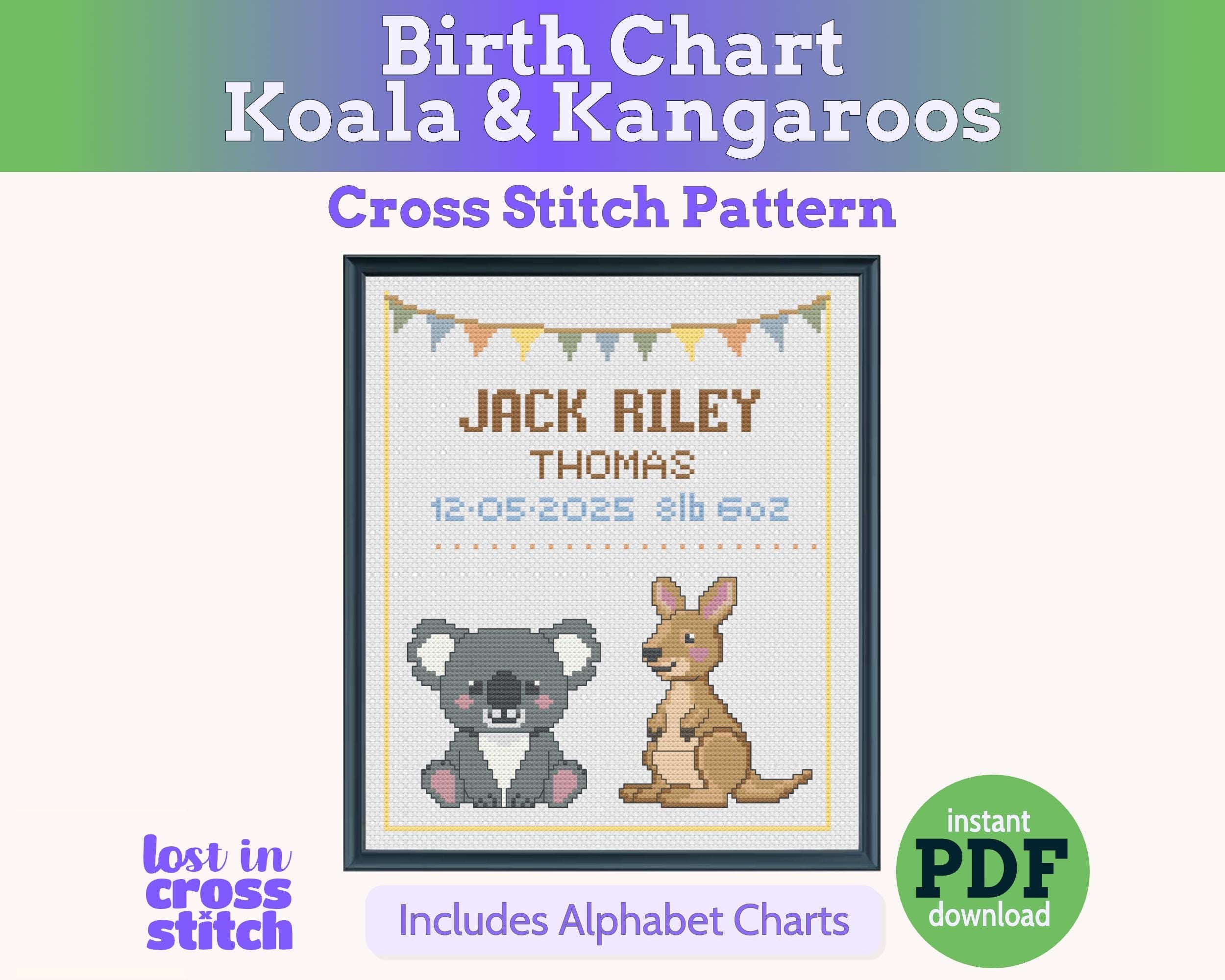 Koala and Kangaroo Birth Sampler Cross Stitch Pattern PDF (DIY with Alphabet Charts) Main image