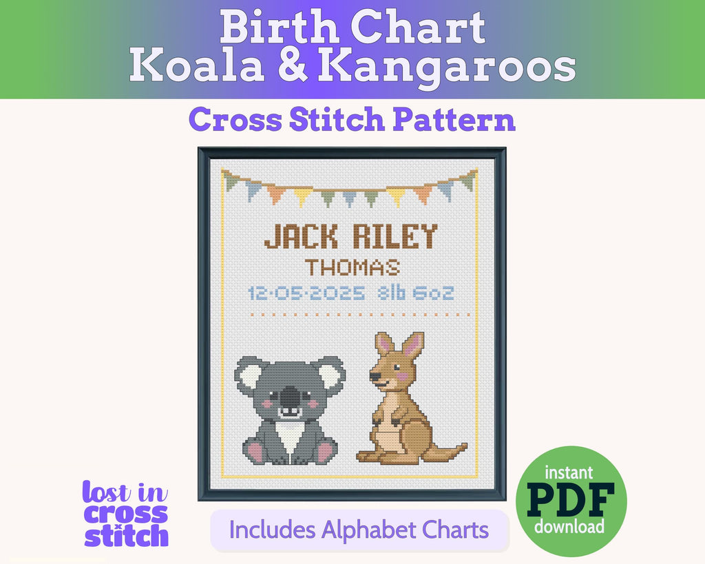 Koala and Kangaroo Birth Sampler Cross Stitch Pattern PDF (DIY with Alphabet Charts)