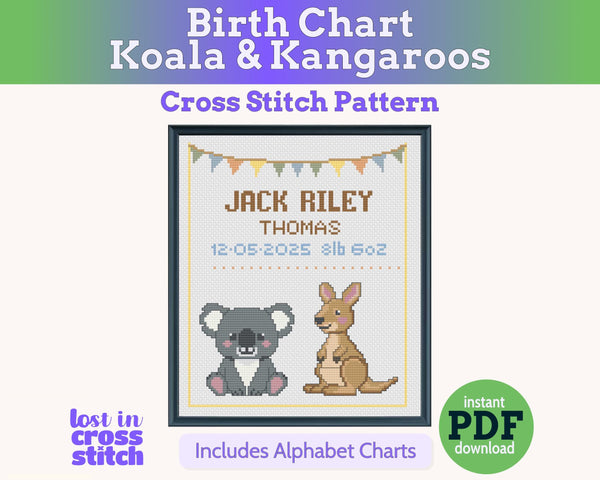 Koala and Kangaroo Birth Sampler Cross Stitch Pattern PDF (DIY with Alphabet Charts)