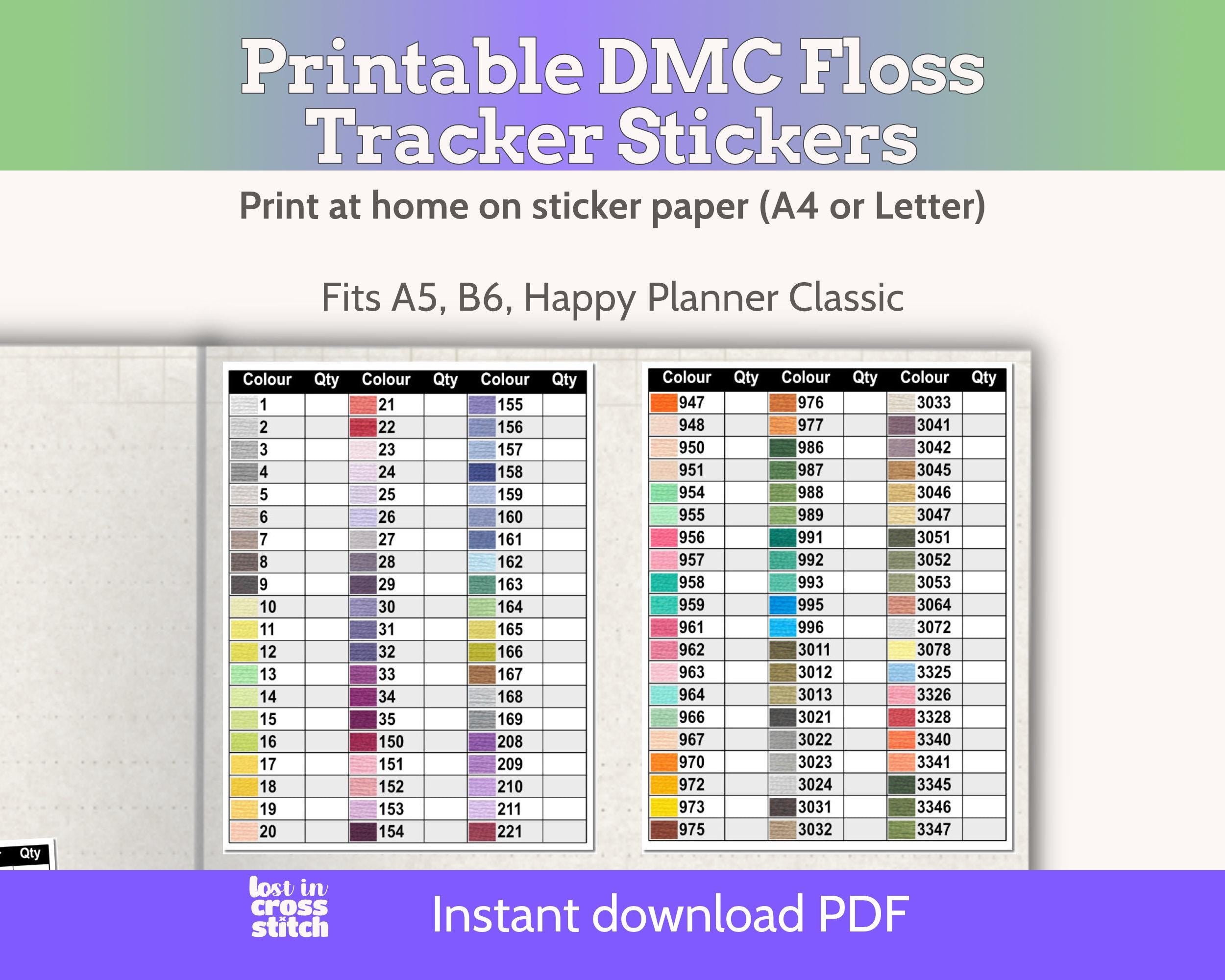 Cross Stitch DMC Floss Tracker Planner Stickers PDF