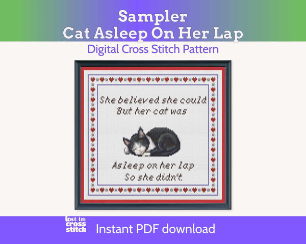 She Believed She Could But Her Cat Was Asleep Cross Stitch Pattern PDF (Tuxedo)