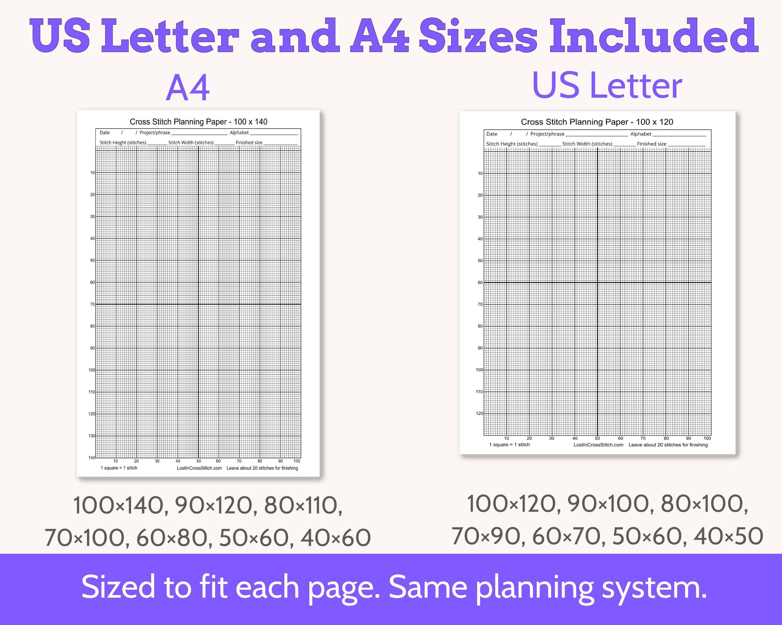 Cross Stitch Planning Graph Paper, Instant Digital PDF Download