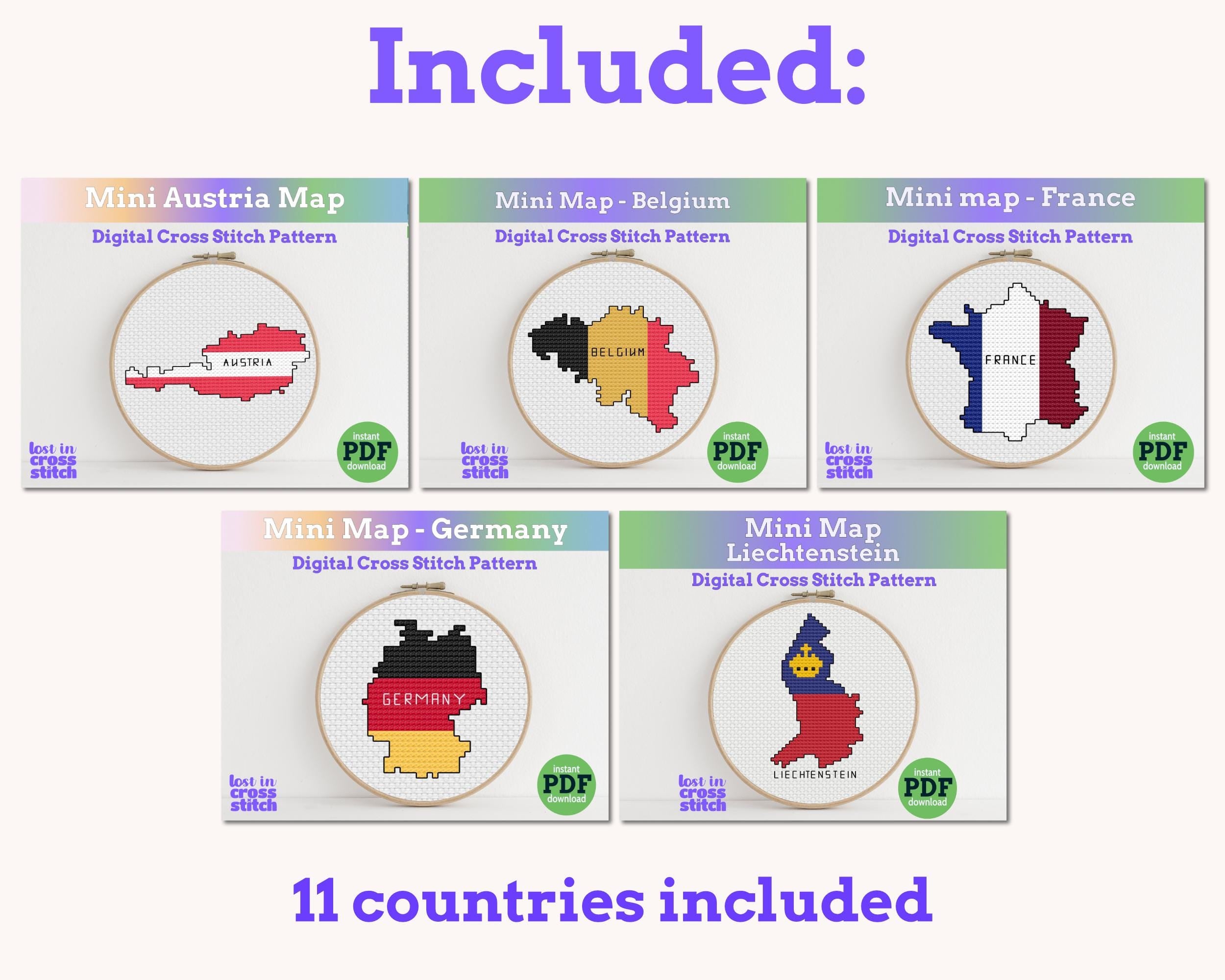 Western Europe Cross Stitch Pattern Bundle: 9 Mini Flag Map Patterns
