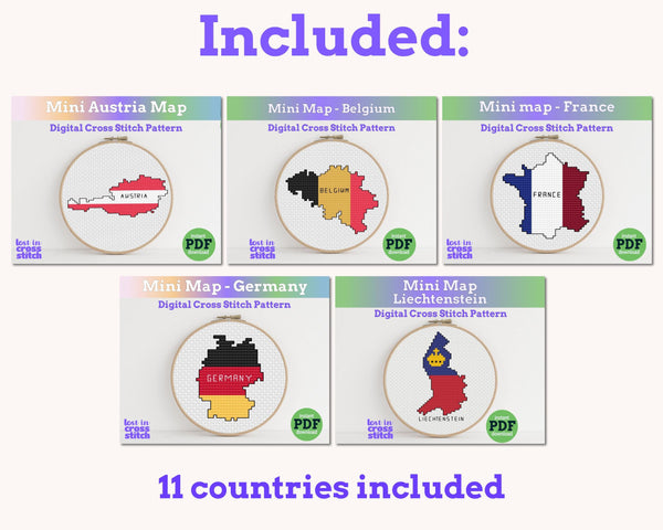 Western Europe Cross Stitch Pattern Bundle: 9 Mini Flag Map Patterns