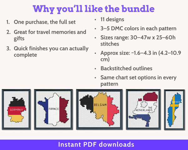 Western Europe Cross Stitch Pattern Bundle: 9 Mini Flag Map Patterns