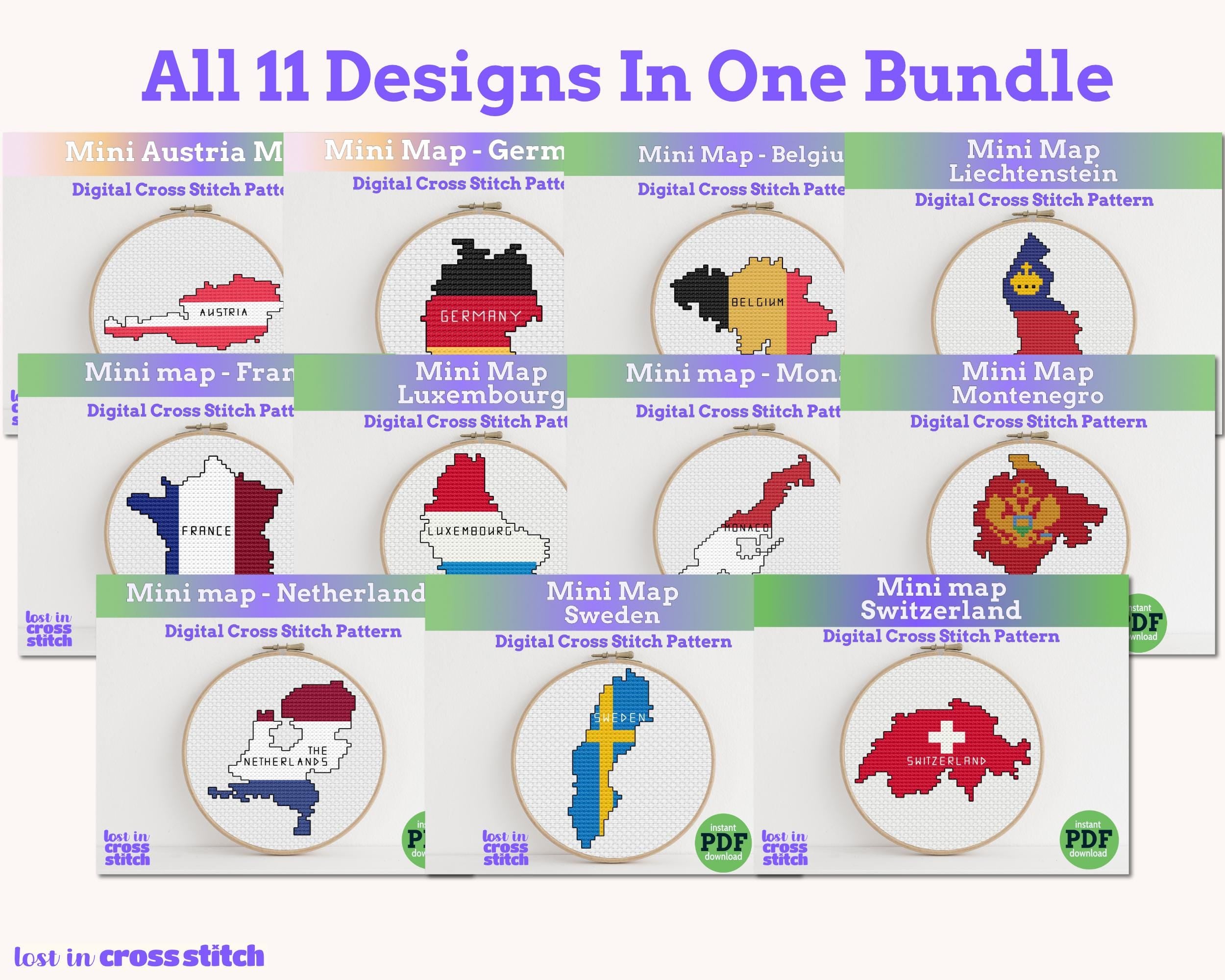Western Europe Cross Stitch Pattern Bundle: 9 Mini Flag Map Patterns