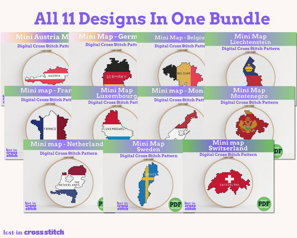 Western Europe Cross Stitch Pattern Bundle: 9 Mini Flag Map Patterns