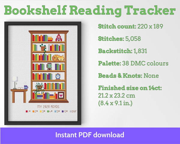 Cross Stitch Bookshelf Reading Tracker 100 Books Pattern