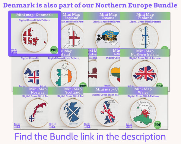 Denmark Cross Stitch Pattern: Tiny Flag Map
