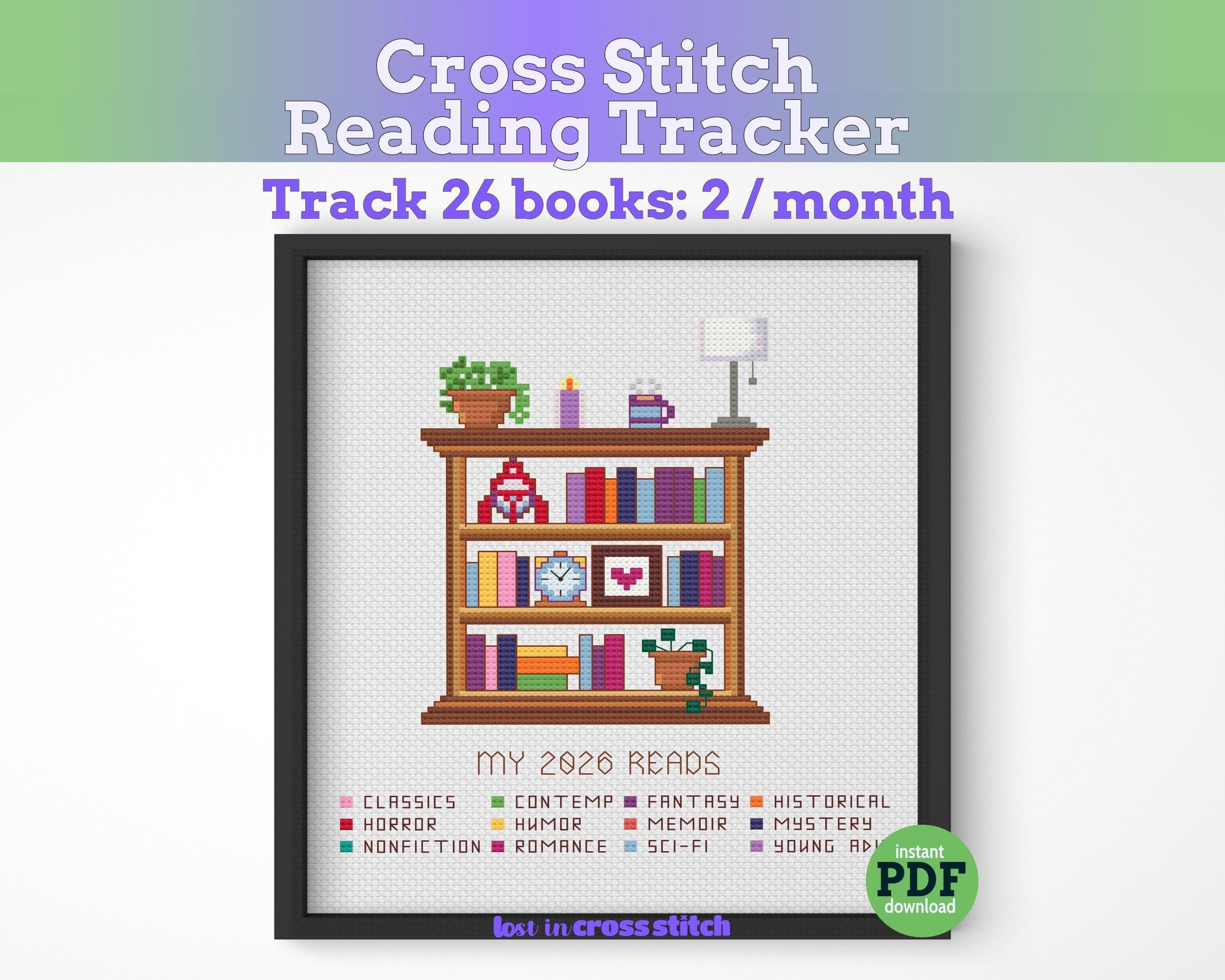 Cross Stitch Reading Tracker Pattern, 26 Books PDF Main image