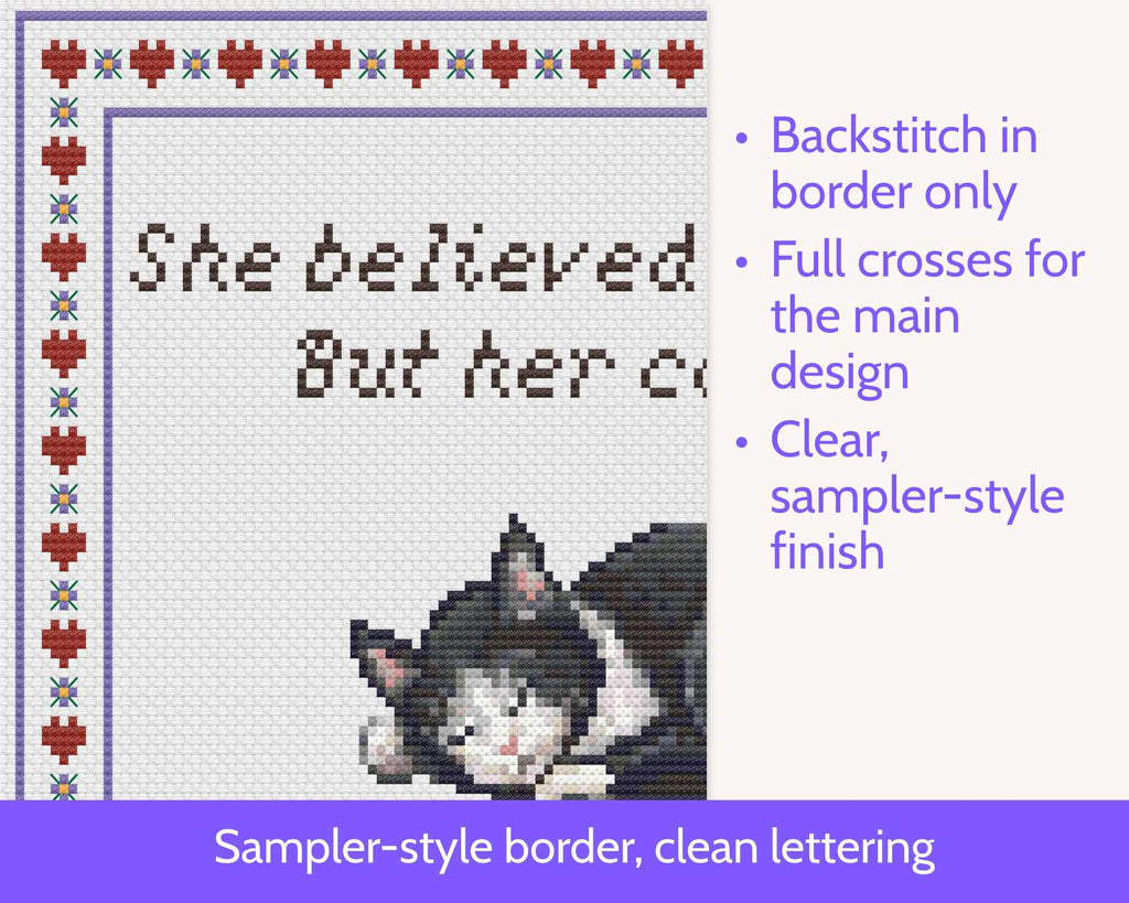 She Believed She Could But Her Cat Was Asleep Cross Stitch Pattern PDF (Tuxedo)