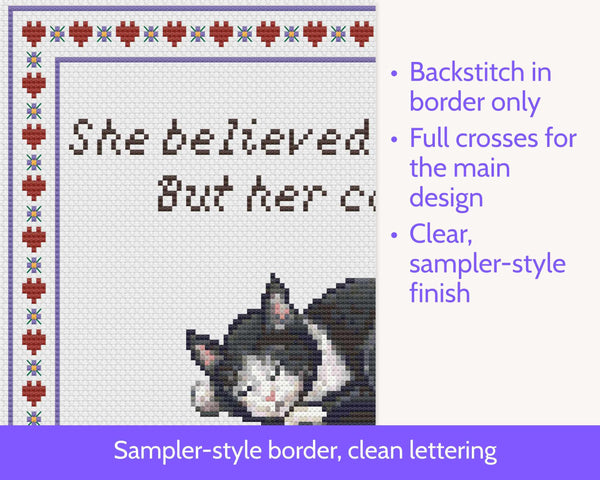 She Believed She Could But Her Cat Was Asleep Cross Stitch Pattern PDF (Tuxedo)