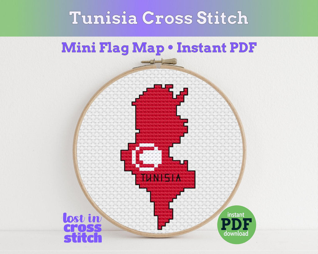 Tunisia Cross Stitch Pattern: Mini Flag Map