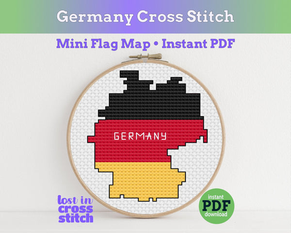 Cross stitch pattern of Germany's flag in an embroidery hoop with text about instant PDF download.