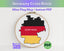 Cross stitch pattern of Germany's flag in an embroidery hoop with text about instant PDF download.