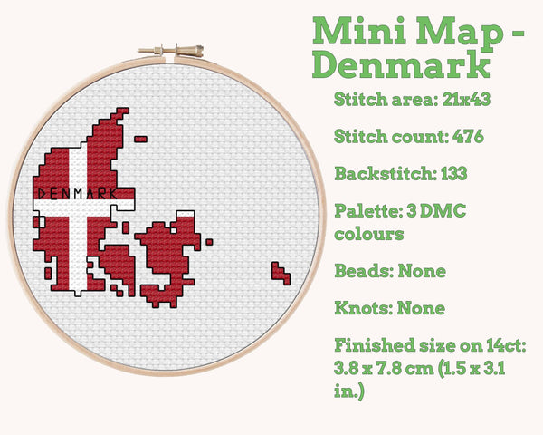 Denmark Cross Stitch Pattern: Tiny Flag Map