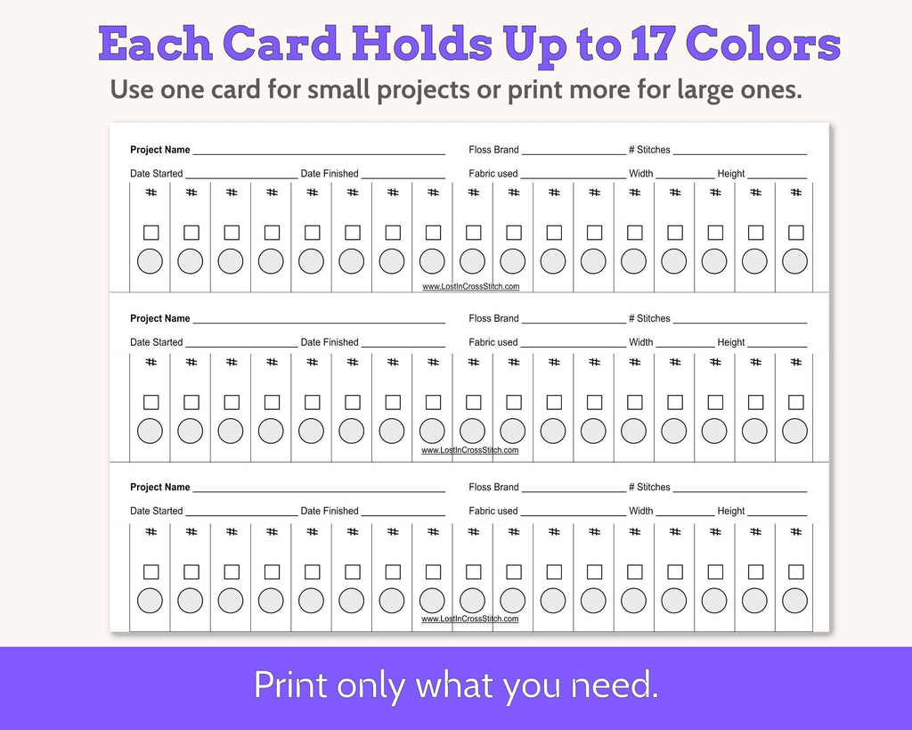 Cross Stitch Project Floss Organisation Cards PDF, Large (3 per page)