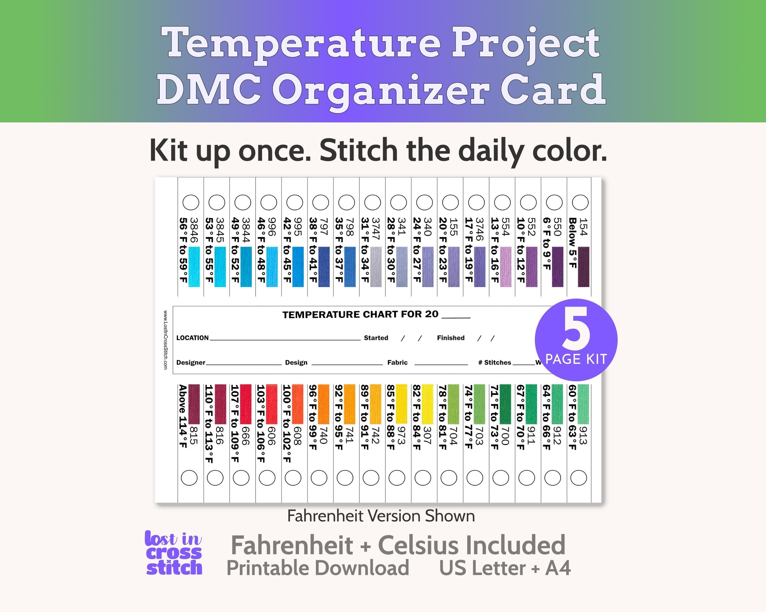 Cross Stitch Temperature Project DMC Floss Organizer Cards Printable PDF Main image