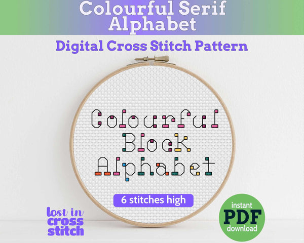 Colourful Serif Backstitch Alphabet Cross Stitch Pattern