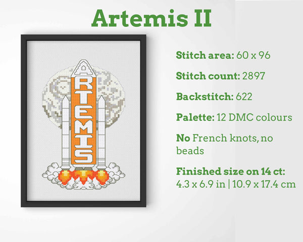 Artemis II Rocket Cross Stitch Pattern PDF