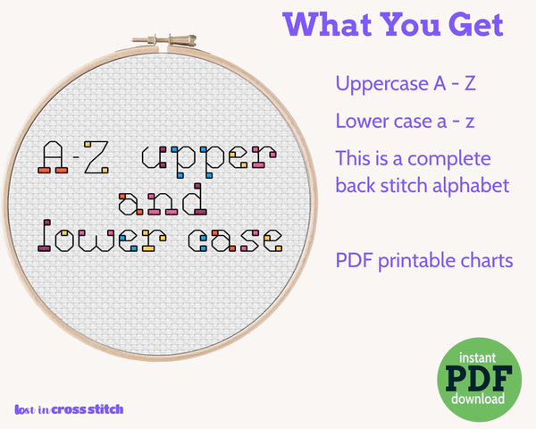 Colourful Serif Backstitch Alphabet Cross Stitch Pattern