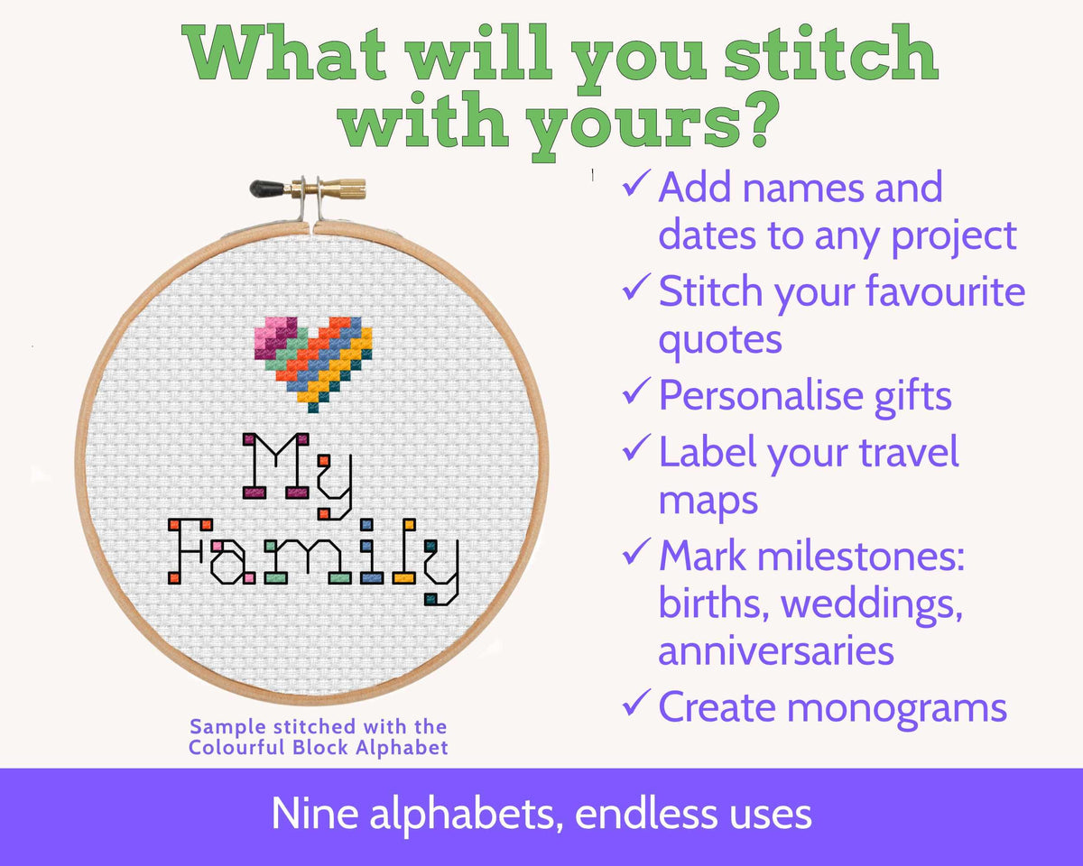 Cross Stitch Font Bundle: 9 Backstitch Alphabets