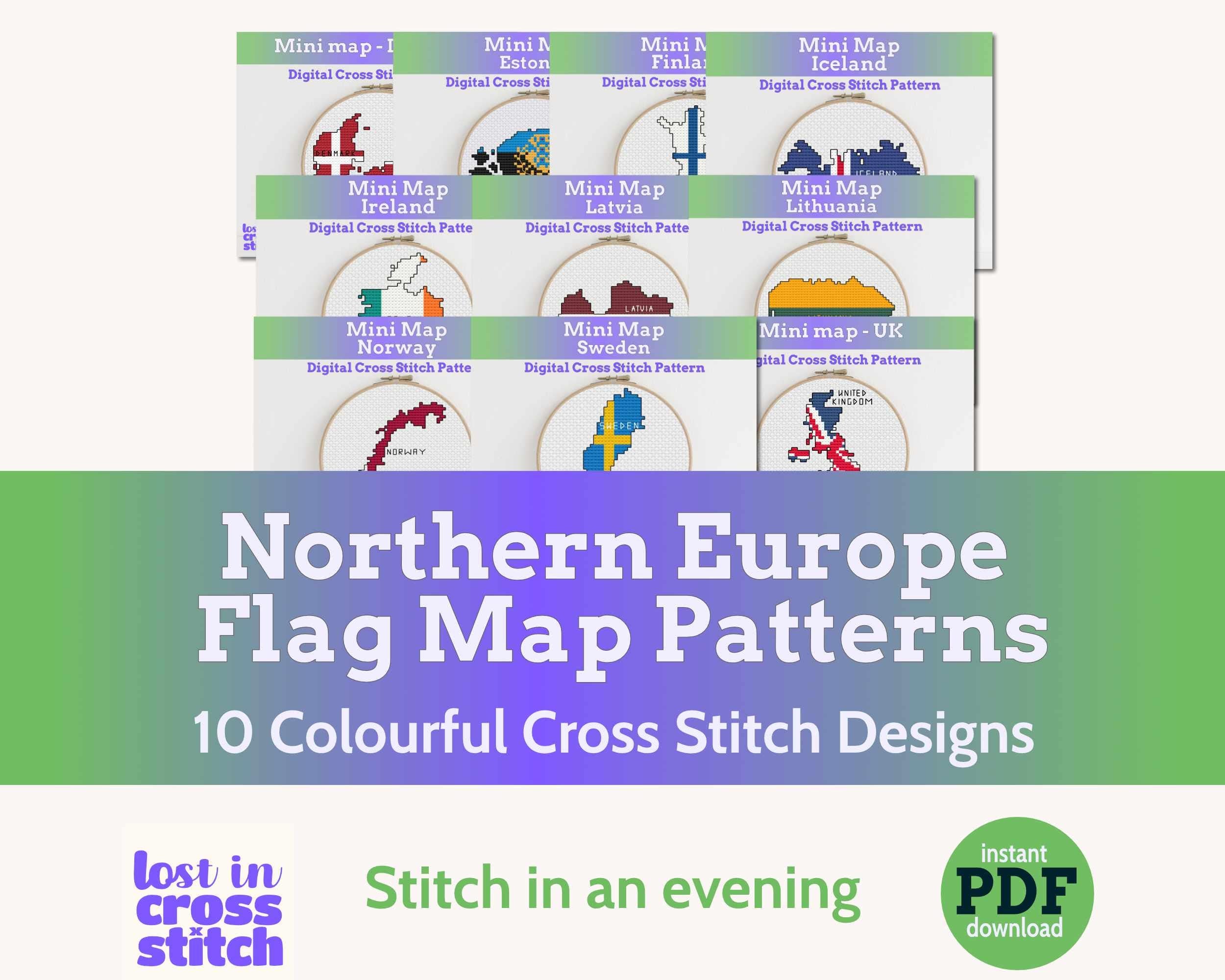 Northern Europe Cross Stitch Pattern Bundle: 10 Mini Flag Map Patterns Main image