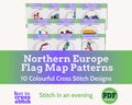 Northern Europe Cross Stitch Pattern Bundle: 10 Mini Flag Map Patterns