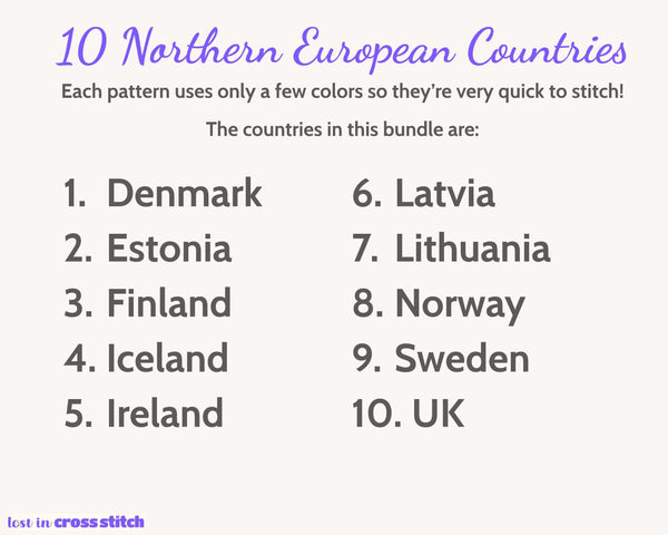 Northern Europe Cross Stitch Pattern Bundle: 10 Mini Flag Map Patterns